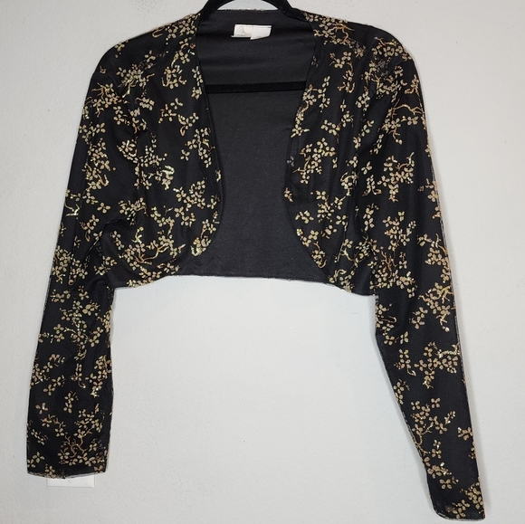 Alyssa Metallic Gold Black Mesh Shrug Jacket Open Front Crop Long Sleeve XXL - Picture 1 of 15